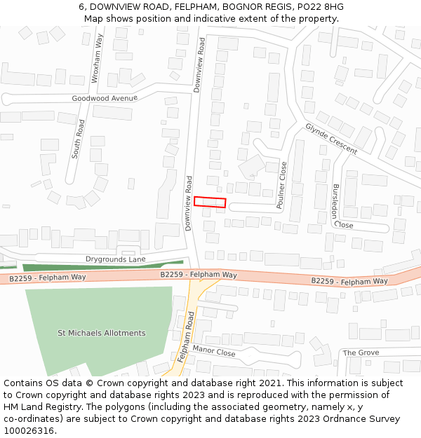 6, DOWNVIEW ROAD, FELPHAM, BOGNOR REGIS, PO22 8HG: Location map and indicative extent of plot