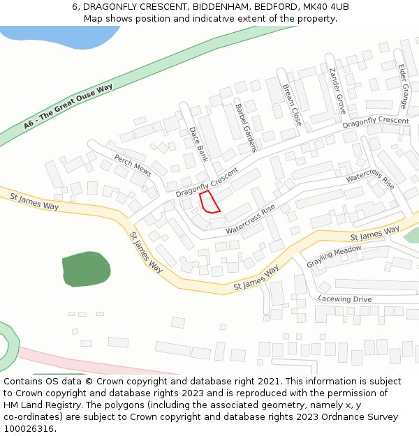 6, DRAGONFLY CRESCENT, BIDDENHAM, BEDFORD, MK40 4UB: Location map and indicative extent of plot