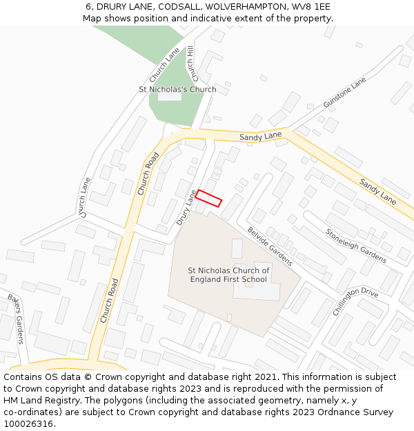 6, DRURY LANE, CODSALL, WOLVERHAMPTON, WV8 1EE: Location map and indicative extent of plot
