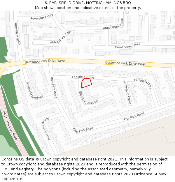 6, EARLSFIELD DRIVE, NOTTINGHAM, NG5 5BQ: Location map and indicative extent of plot