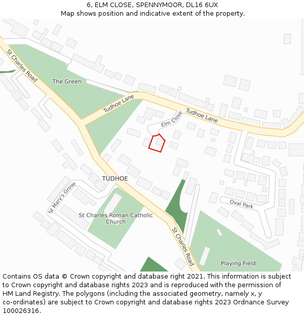 6, ELM CLOSE, SPENNYMOOR, DL16 6UX: Location map and indicative extent of plot