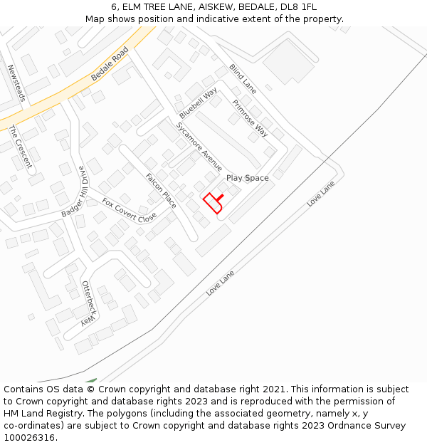 6, ELM TREE LANE, AISKEW, BEDALE, DL8 1FL: Location map and indicative extent of plot