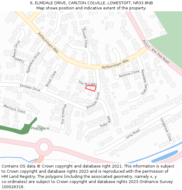 6, ELMDALE DRIVE, CARLTON COLVILLE, LOWESTOFT, NR33 8NB: Location map and indicative extent of plot
