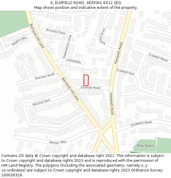 6, ELMFIELD ROAD, SEATON, EX12 2EG: Location map and indicative extent of plot