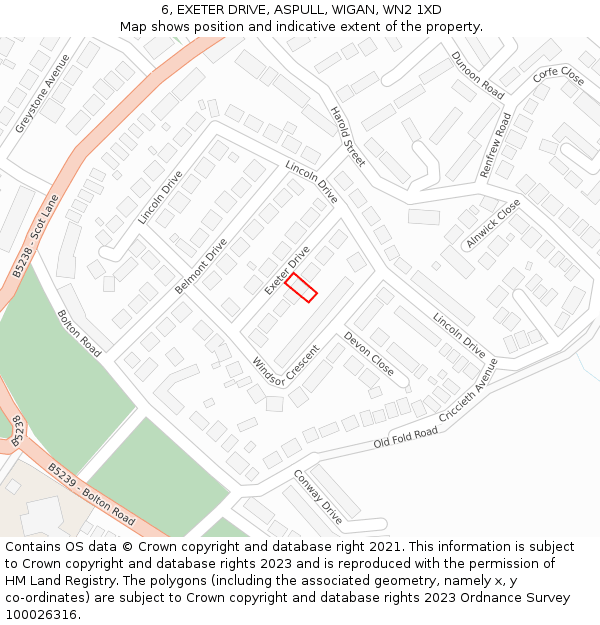 6, EXETER DRIVE, ASPULL, WIGAN, WN2 1XD: Location map and indicative extent of plot