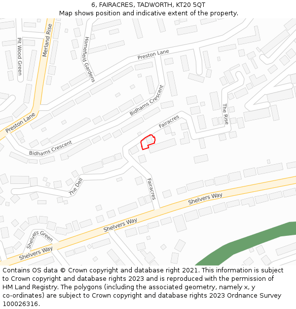 6, FAIRACRES, TADWORTH, KT20 5QT: Location map and indicative extent of plot