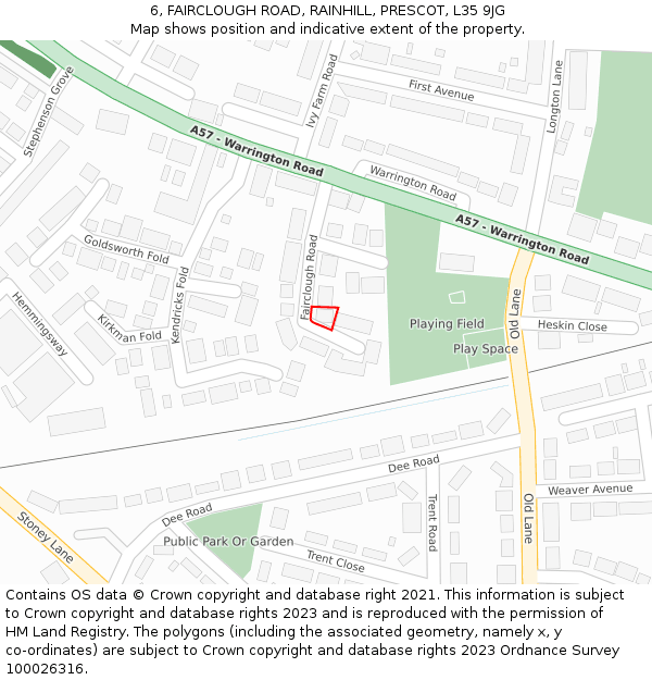 6, FAIRCLOUGH ROAD, RAINHILL, PRESCOT, L35 9JG: Location map and indicative extent of plot