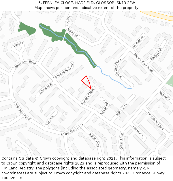6, FERNLEA CLOSE, HADFIELD, GLOSSOP, SK13 2EW: Location map and indicative extent of plot