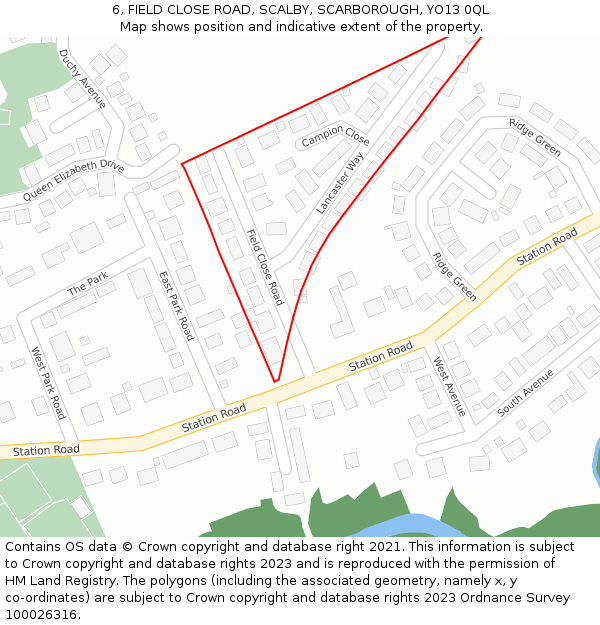 6, FIELD CLOSE ROAD, SCALBY, SCARBOROUGH, YO13 0QL: Location map and indicative extent of plot