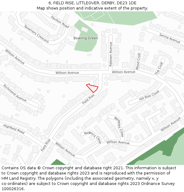 6, FIELD RISE, LITTLEOVER, DERBY, DE23 1DE: Location map and indicative extent of plot