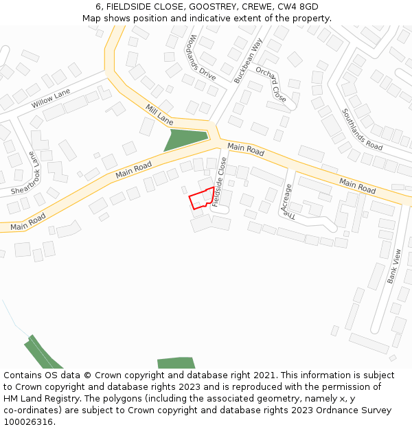 6, FIELDSIDE CLOSE, GOOSTREY, CREWE, CW4 8GD: Location map and indicative extent of plot