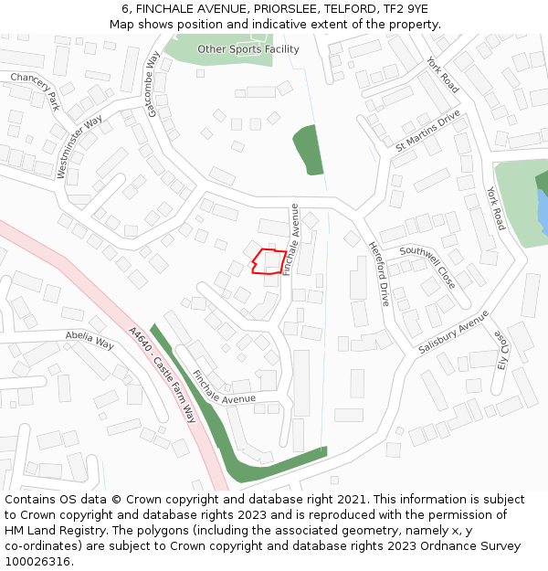 6, FINCHALE AVENUE, PRIORSLEE, TELFORD, TF2 9YE: Location map and indicative extent of plot