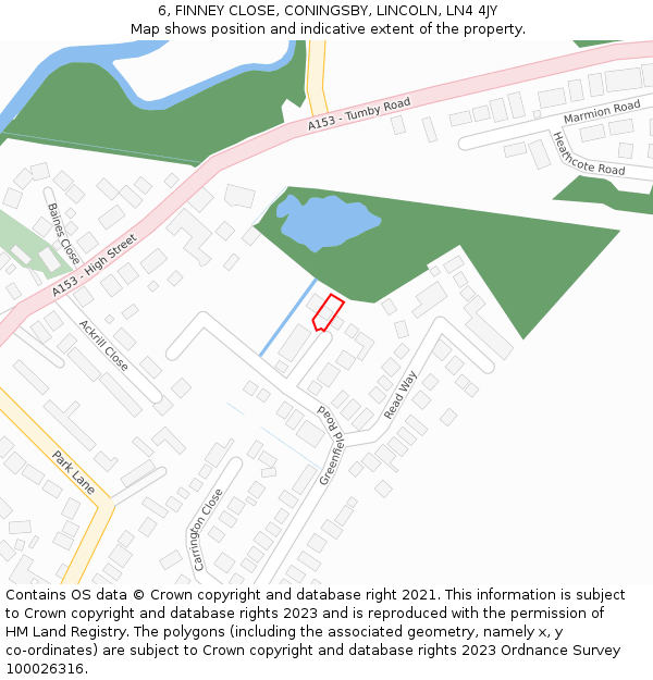 6, FINNEY CLOSE, CONINGSBY, LINCOLN, LN4 4JY: Location map and indicative extent of plot