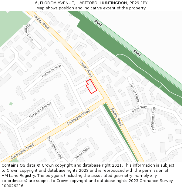 6, FLORIDA AVENUE, HARTFORD, HUNTINGDON, PE29 1PY: Location map and indicative extent of plot