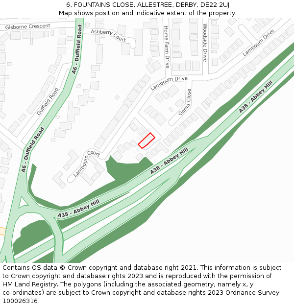 6, FOUNTAINS CLOSE, ALLESTREE, DERBY, DE22 2UJ: Location map and indicative extent of plot