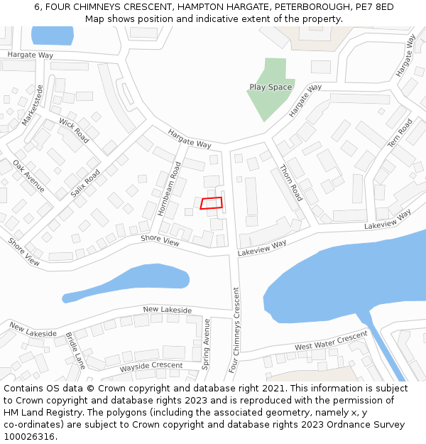 6, FOUR CHIMNEYS CRESCENT, HAMPTON HARGATE, PETERBOROUGH, PE7 8ED: Location map and indicative extent of plot