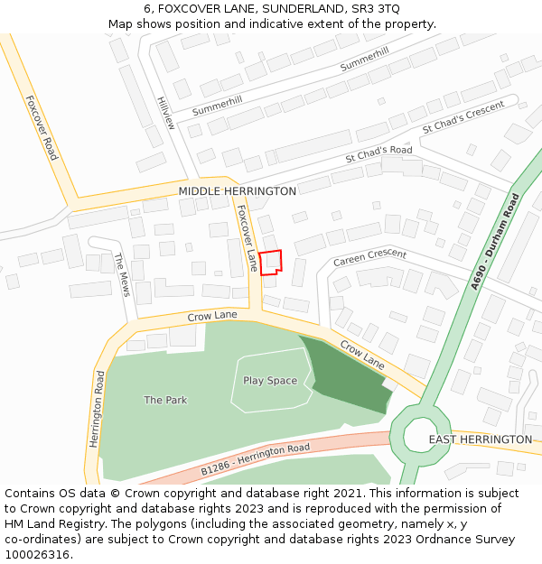 6, FOXCOVER LANE, SUNDERLAND, SR3 3TQ: Location map and indicative extent of plot