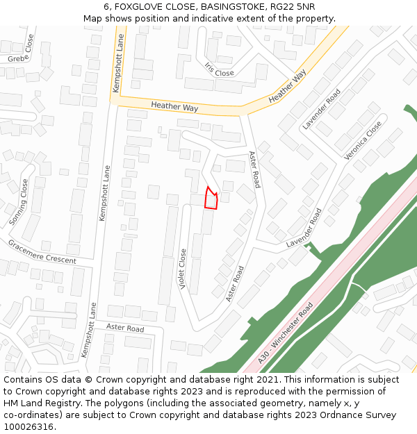 6, FOXGLOVE CLOSE, BASINGSTOKE, RG22 5NR: Location map and indicative extent of plot