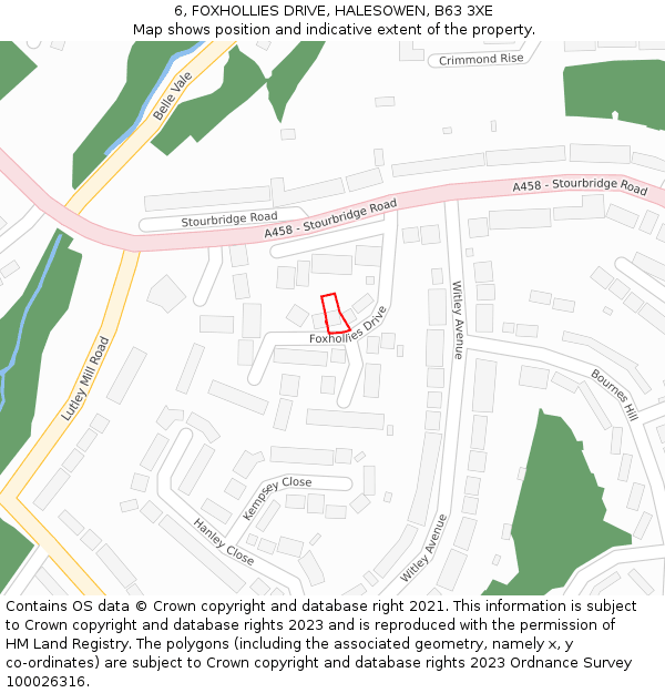6, FOXHOLLIES DRIVE, HALESOWEN, B63 3XE: Location map and indicative extent of plot