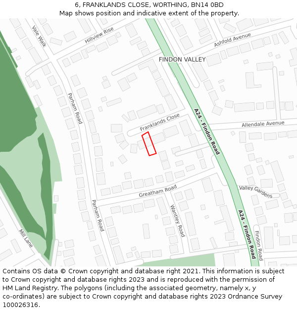 6, FRANKLANDS CLOSE, WORTHING, BN14 0BD: Location map and indicative extent of plot