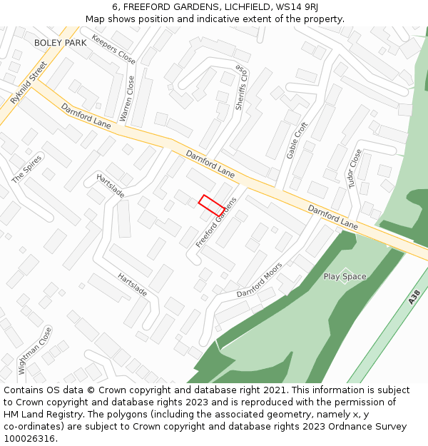 6, FREEFORD GARDENS, LICHFIELD, WS14 9RJ: Location map and indicative extent of plot
