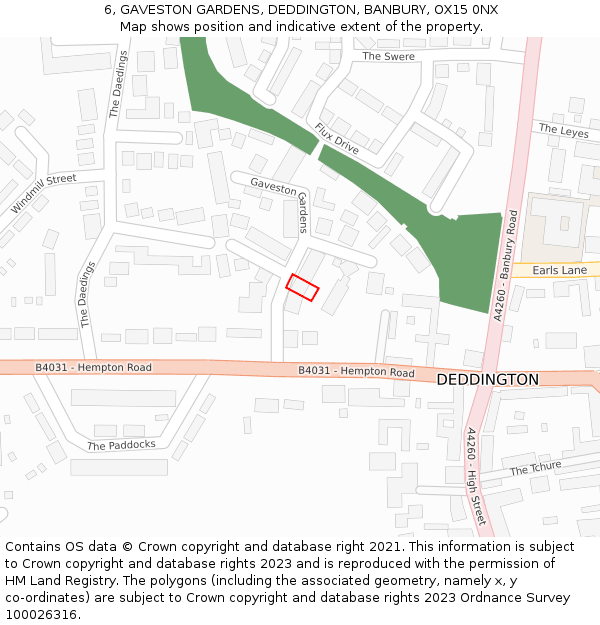 6, GAVESTON GARDENS, DEDDINGTON, BANBURY, OX15 0NX: Location map and indicative extent of plot