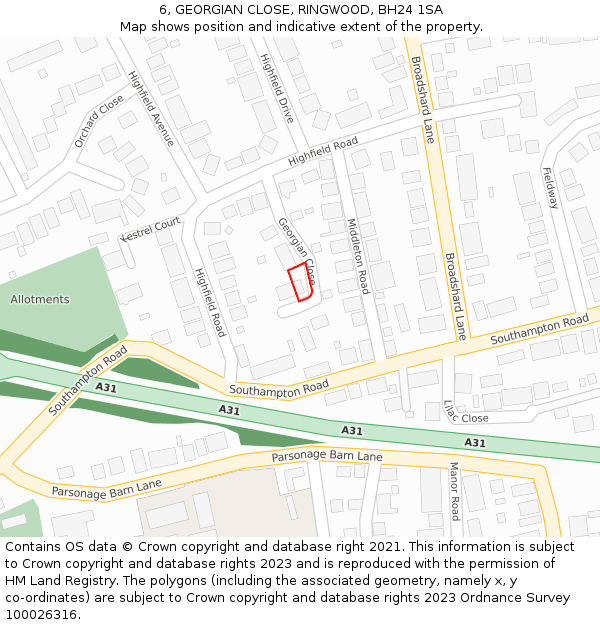 6, GEORGIAN CLOSE, RINGWOOD, BH24 1SA: Location map and indicative extent of plot