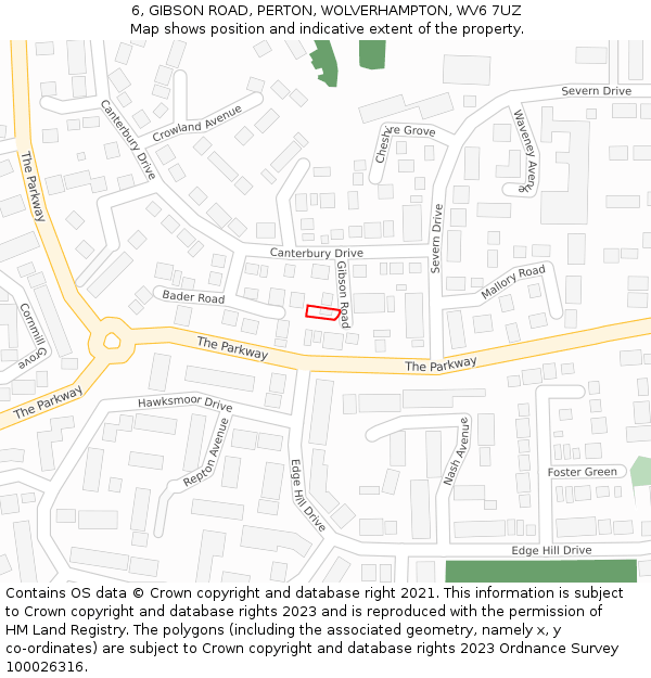 6, GIBSON ROAD, PERTON, WOLVERHAMPTON, WV6 7UZ: Location map and indicative extent of plot