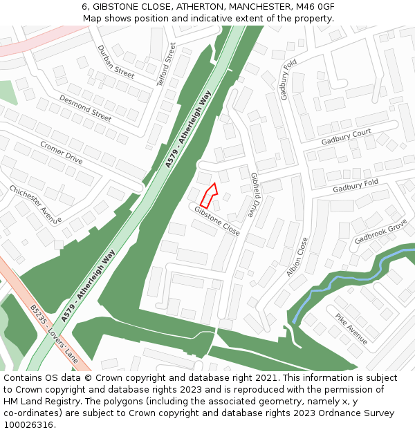6, GIBSTONE CLOSE, ATHERTON, MANCHESTER, M46 0GF: Location map and indicative extent of plot