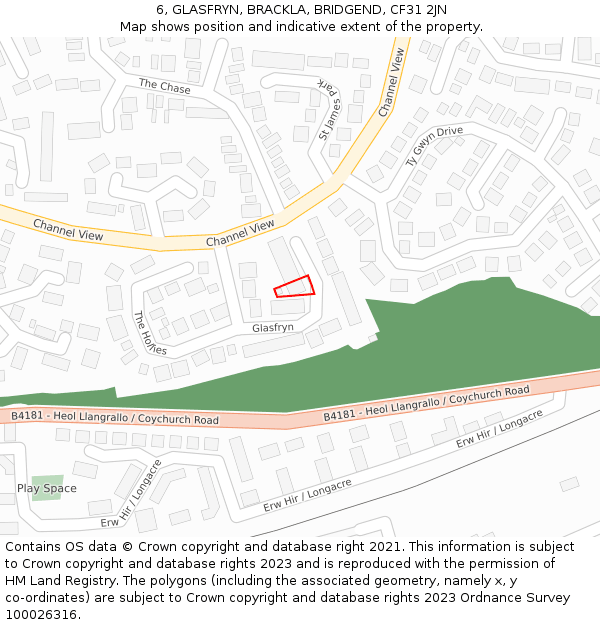 6, GLASFRYN, BRACKLA, BRIDGEND, CF31 2JN: Location map and indicative extent of plot
