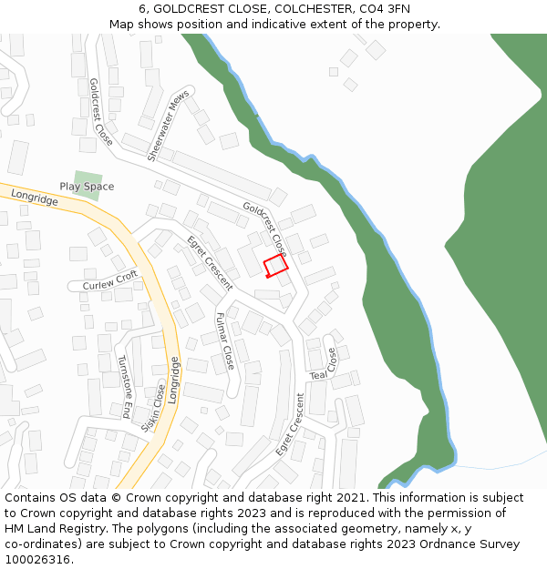 6, GOLDCREST CLOSE, COLCHESTER, CO4 3FN: Location map and indicative extent of plot