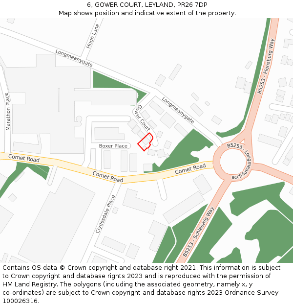6, GOWER COURT, LEYLAND, PR26 7DP: Location map and indicative extent of plot