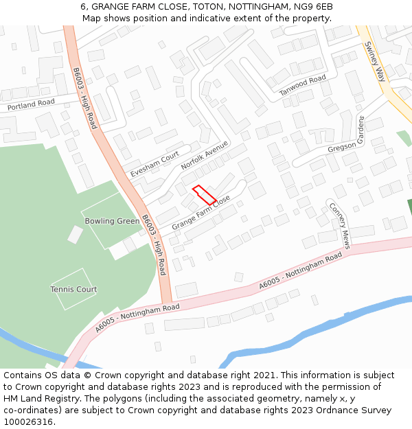 6, GRANGE FARM CLOSE, TOTON, NOTTINGHAM, NG9 6EB: Location map and indicative extent of plot