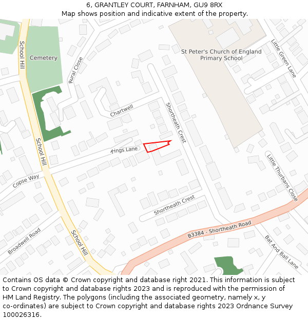 6, GRANTLEY COURT, FARNHAM, GU9 8RX: Location map and indicative extent of plot