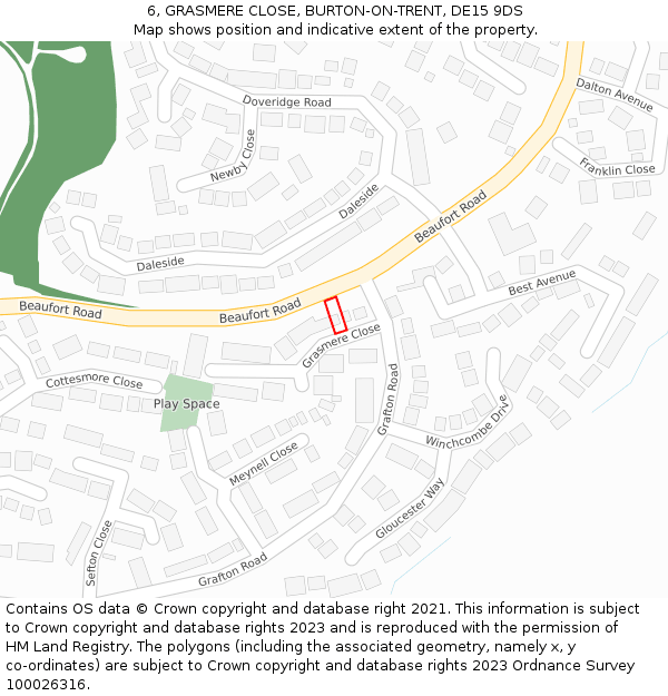 6, GRASMERE CLOSE, BURTON-ON-TRENT, DE15 9DS: Location map and indicative extent of plot