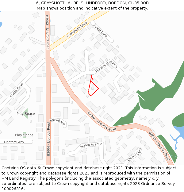6, GRAYSHOTT LAURELS, LINDFORD, BORDON, GU35 0QB: Location map and indicative extent of plot