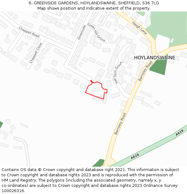 6, GREENSIDE GARDENS, HOYLANDSWAINE, SHEFFIELD, S36 7LG: Location map and indicative extent of plot