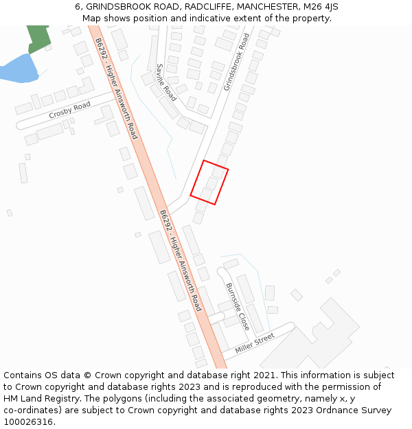 6, GRINDSBROOK ROAD, RADCLIFFE, MANCHESTER, M26 4JS: Location map and indicative extent of plot