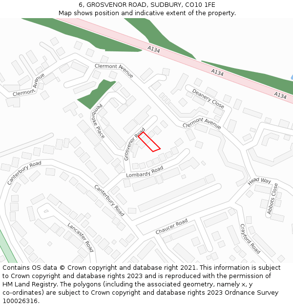 6, GROSVENOR ROAD, SUDBURY, CO10 1FE: Location map and indicative extent of plot