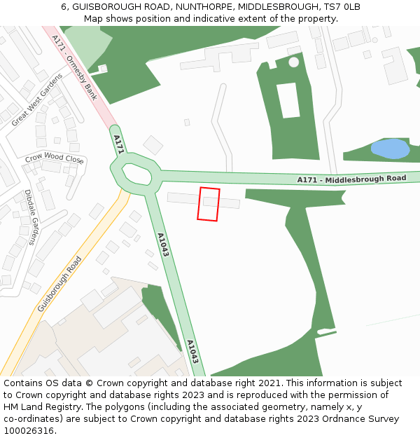 6, GUISBOROUGH ROAD, NUNTHORPE, MIDDLESBROUGH, TS7 0LB: Location map and indicative extent of plot