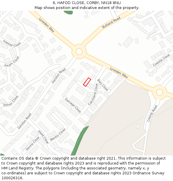 6, HAFOD CLOSE, CORBY, NN18 8NU: Location map and indicative extent of plot