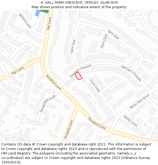 6, HALL FARM CRESCENT, YATELEY, GU46 6HS: Location map and indicative extent of plot