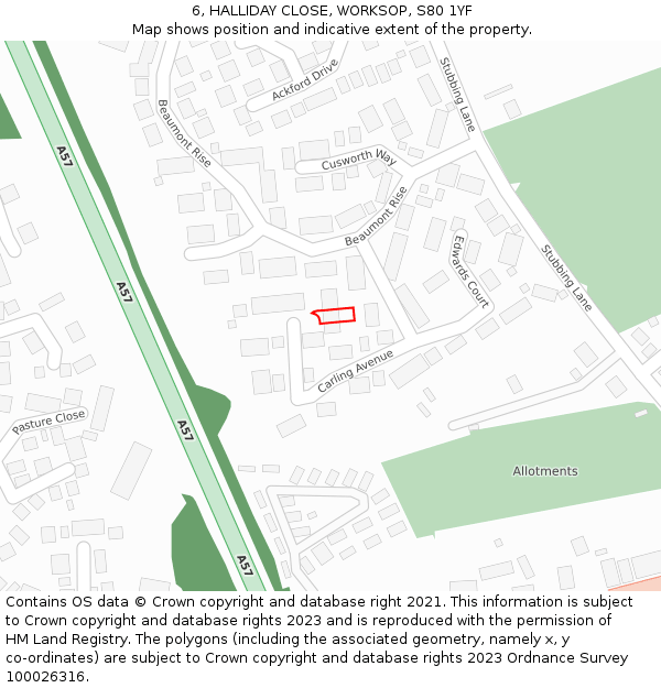 6, HALLIDAY CLOSE, WORKSOP, S80 1YF: Location map and indicative extent of plot