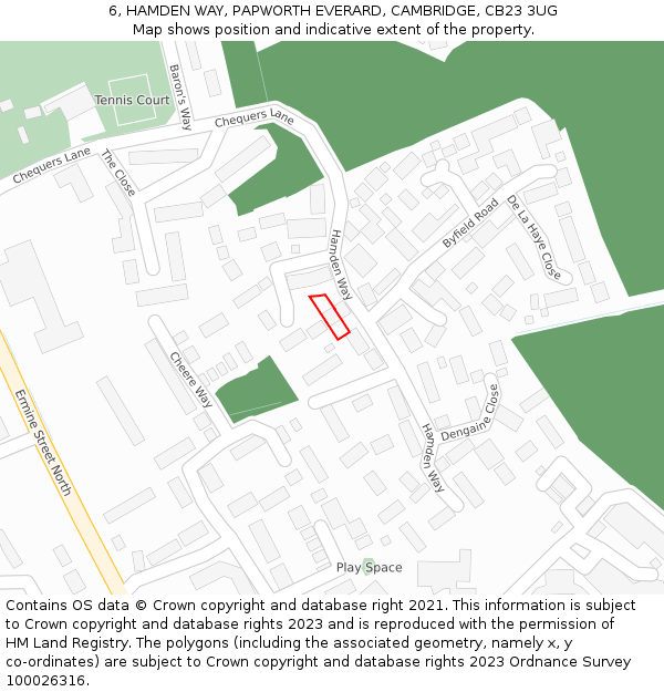 6, HAMDEN WAY, PAPWORTH EVERARD, CAMBRIDGE, CB23 3UG: Location map and indicative extent of plot