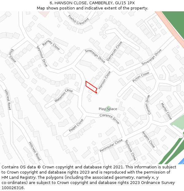 6, HANSON CLOSE, CAMBERLEY, GU15 1PX: Location map and indicative extent of plot