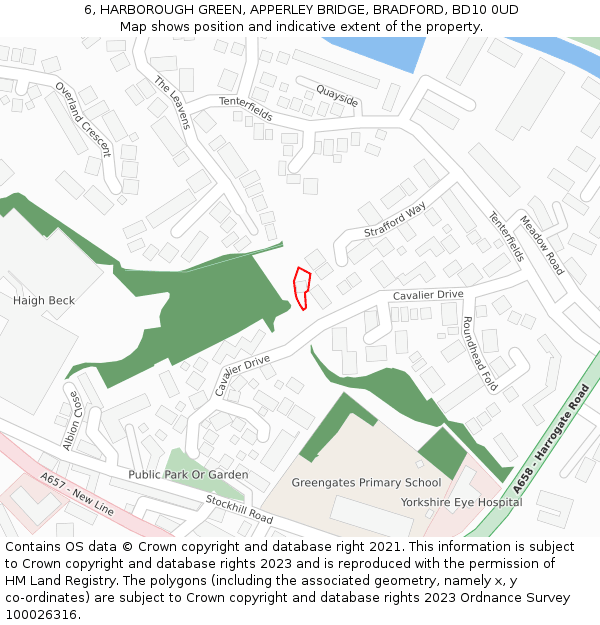 6, HARBOROUGH GREEN, APPERLEY BRIDGE, BRADFORD, BD10 0UD: Location map and indicative extent of plot