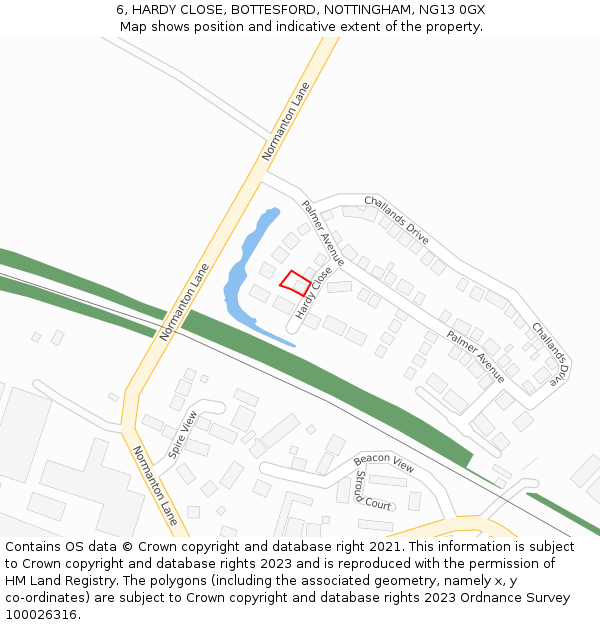 6, HARDY CLOSE, BOTTESFORD, NOTTINGHAM, NG13 0GX: Location map and indicative extent of plot