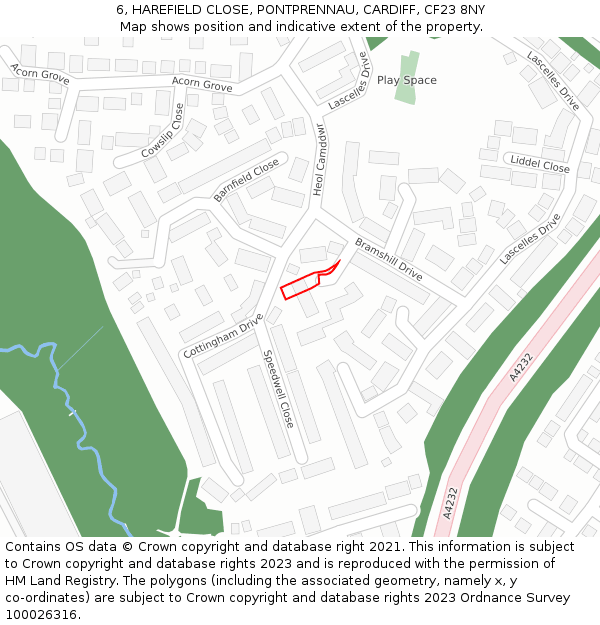 6, HAREFIELD CLOSE, PONTPRENNAU, CARDIFF, CF23 8NY: Location map and indicative extent of plot