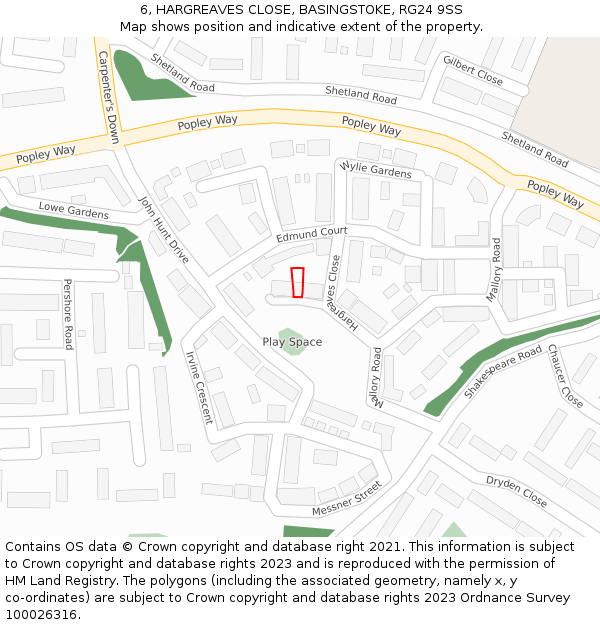 6, HARGREAVES CLOSE, BASINGSTOKE, RG24 9SS: Location map and indicative extent of plot