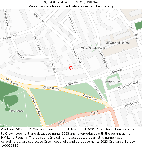 6, HARLEY MEWS, BRISTOL, BS8 3AY: Location map and indicative extent of plot